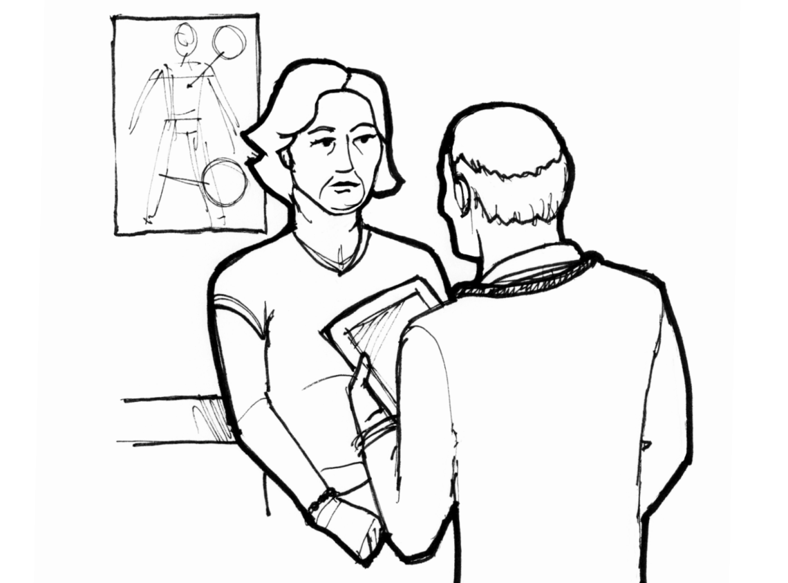 Sketch of a woman talking to a healthcare provider