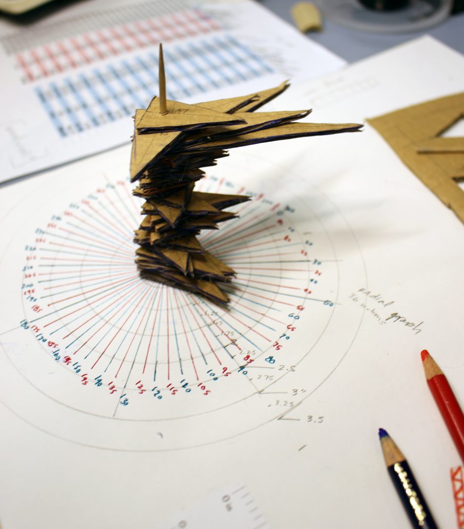 Process photos of data physicalizations using cut paper, ink, and cardboard. Images courtesy Adrien Segal.
