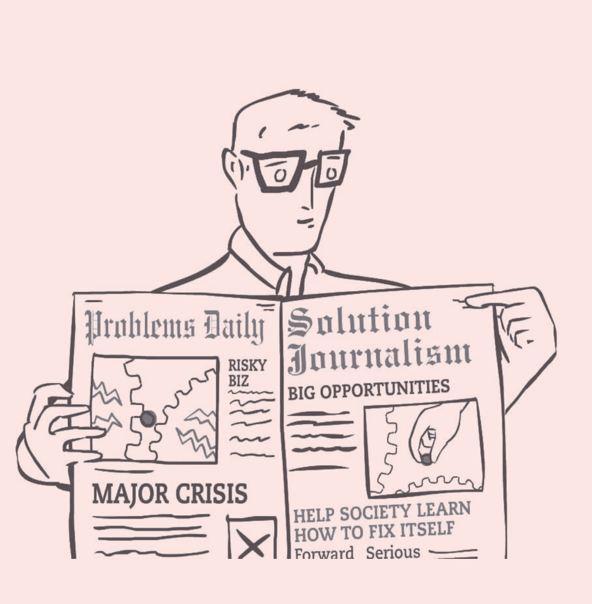 Cartoon man reading newspaper with problem-ridden headlines.