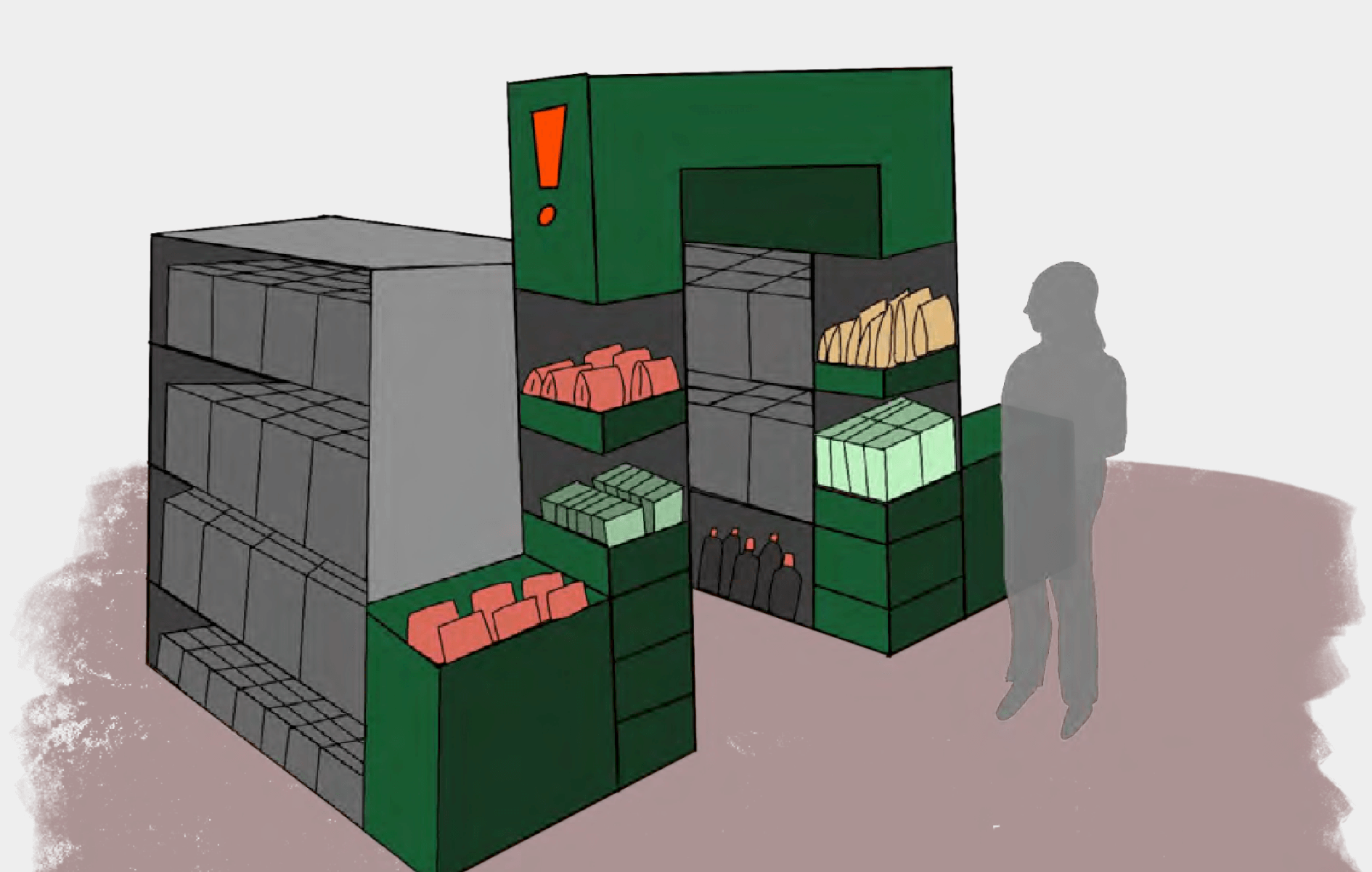Outline of a shopper looking at a produce display