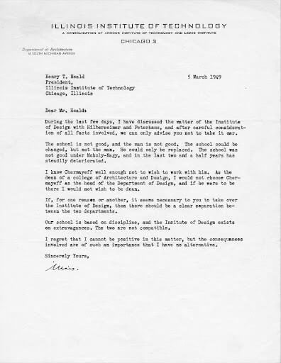 Letter from Mies van der Rohe on university letterhead to IIT President protesting the acquisition of the Institute of Design.